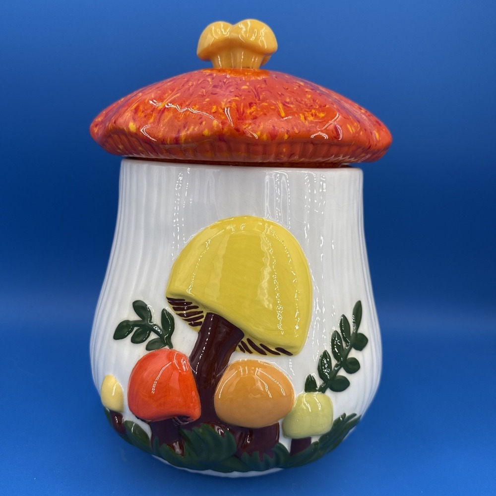 Vtg Large 12" Arnels Mushroom Canister  Flour Cookie Jar Orange Speckled Yellow